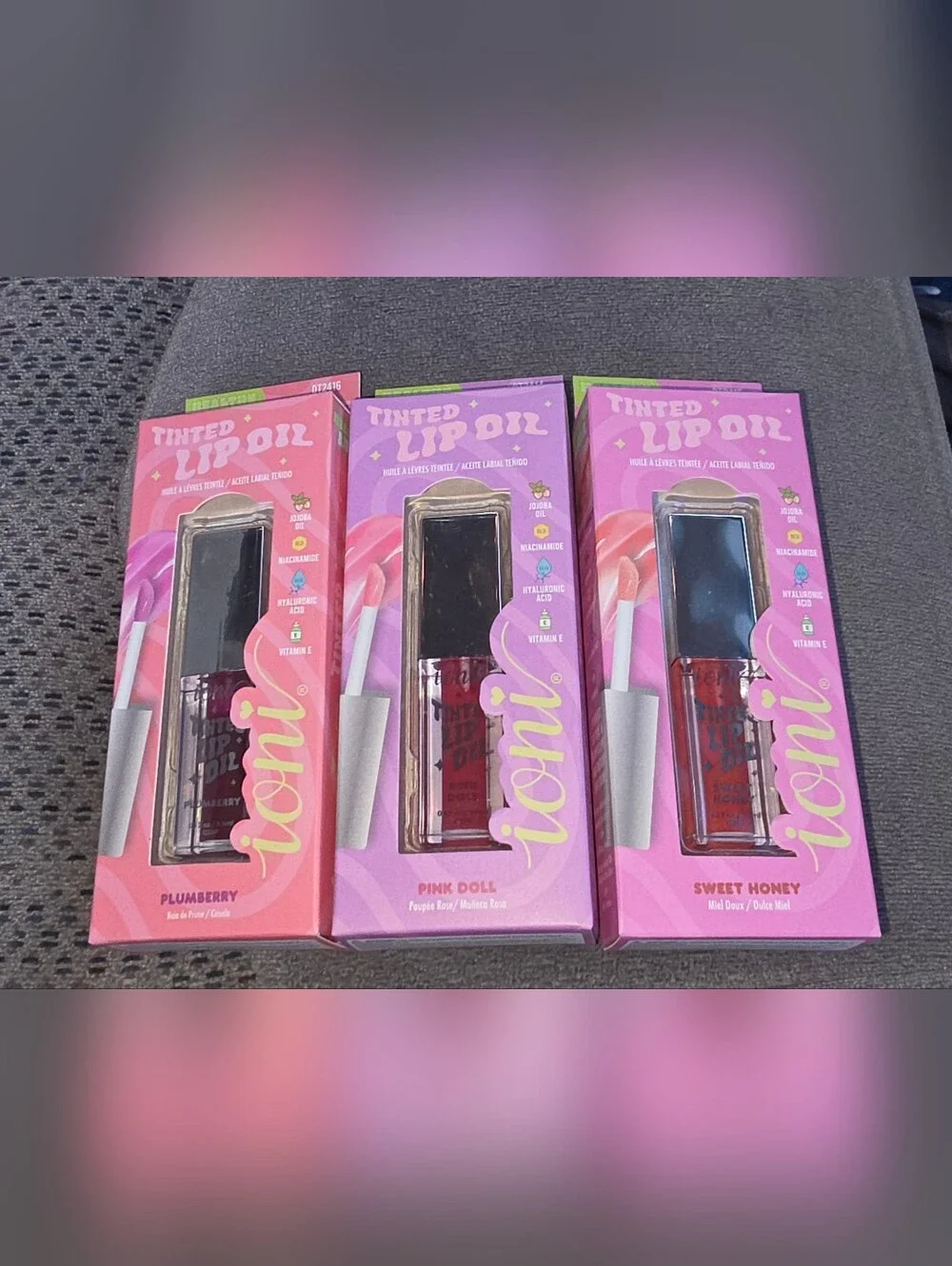 Ioni Tinted Lip Oils — Pink Doll, Sweet Honey & Plumberry 0.12oz BNIB